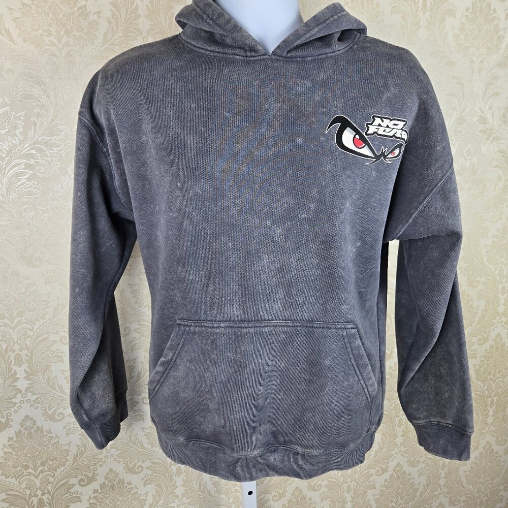 No Fear Size Small Washed Gray Hoodie Front & Back Graphics Kangaroo Pockets